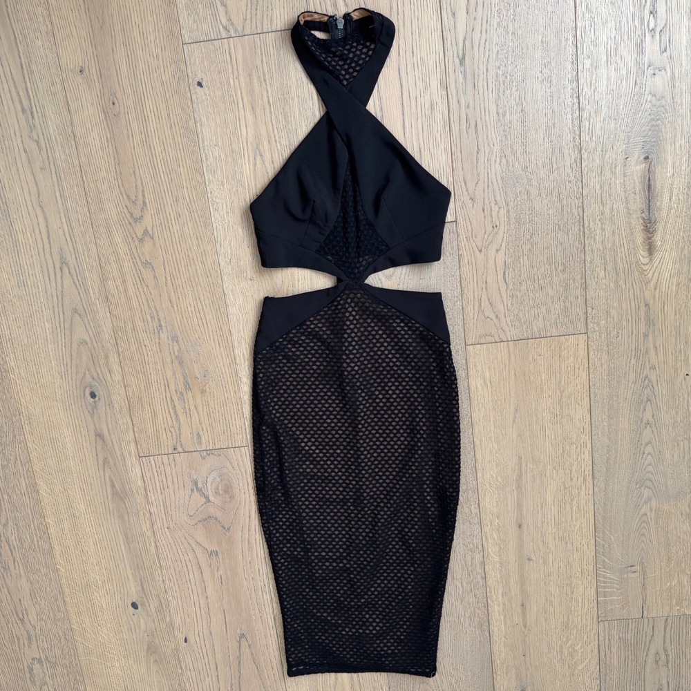 Michael‎ Costello x Revolve Black Mesh Cutout Halter Dress Full Zip XS Bodycon